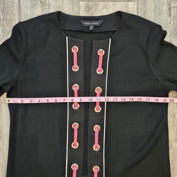 Ming Wang Cardigan Womens Size XS Black Open Front Pink Ribbon Grommet Trim - Picture 3 of 11